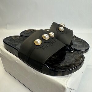 Karl Lagerfeld Paris Women Black Jelly Slide Sandals Pearl Accents Monogram Sz 8
